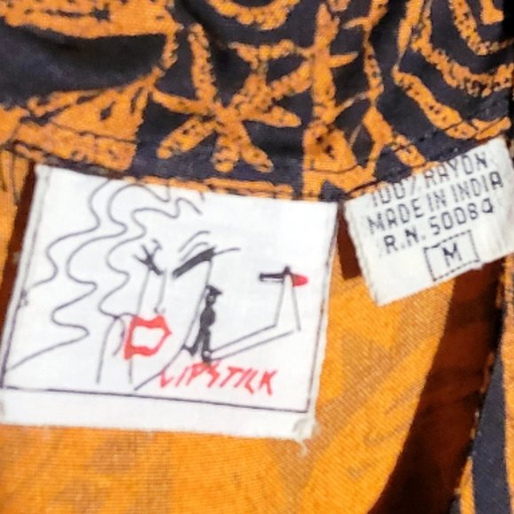 Lipstick Batik Stamp Sleeveless Printed Midi Dress ~ Medium ~ Orange & Black - Picture 3 of 4